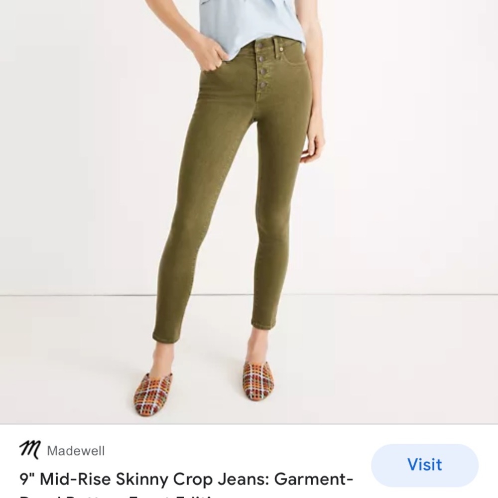 Madewell 9” High Rise Button Fly Skinny Crop Army Green Jeans